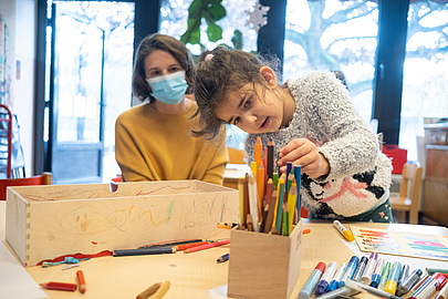 Sandra Breser und Maha Khan (6) beim Malen. Maha kann hören und ist ein CODA-Kind (Fotos: Rolf K. Wegst) Sandra Breser und Maha Khan beim Malen
